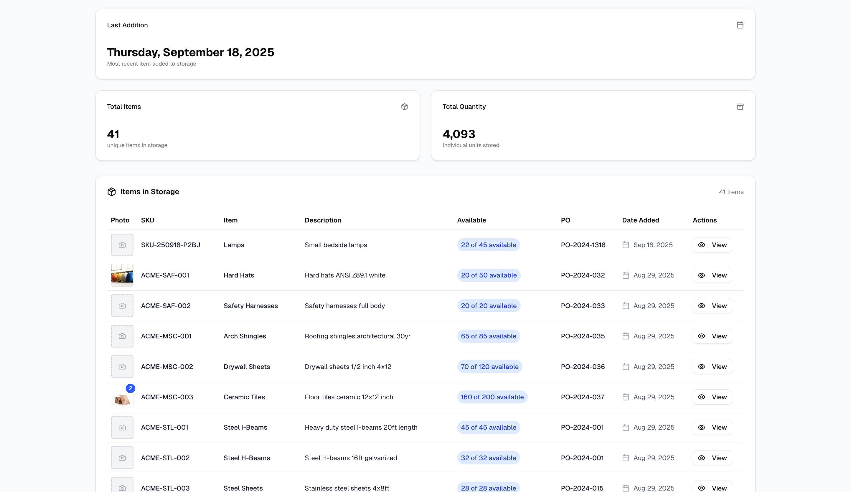Inventory dashboard without navigation displaying product tiles, availability tags, and quick filters.